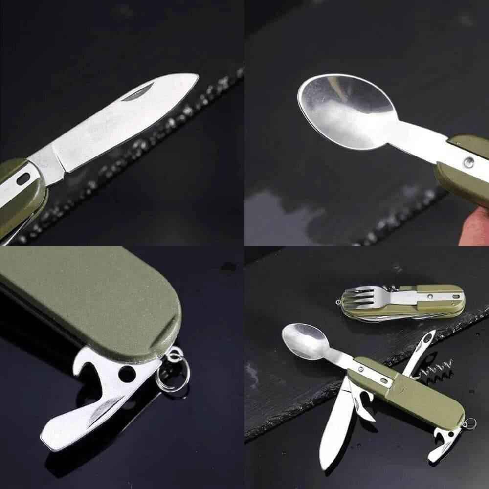Utensilio multiuso plegable con cuchillo, cuchara y tenedor, desplegado