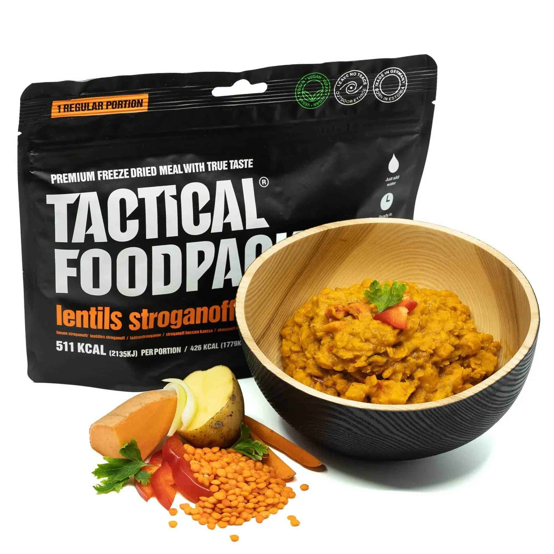 Comida Tactical Foodpack de lentejas stroganoff vegano con bowl de comida y lentejas