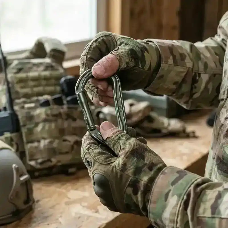 Mosquetón Petzl OK ovalado verde oliva siendo manipulado por un operario con guantes tácticos de camuflaje.