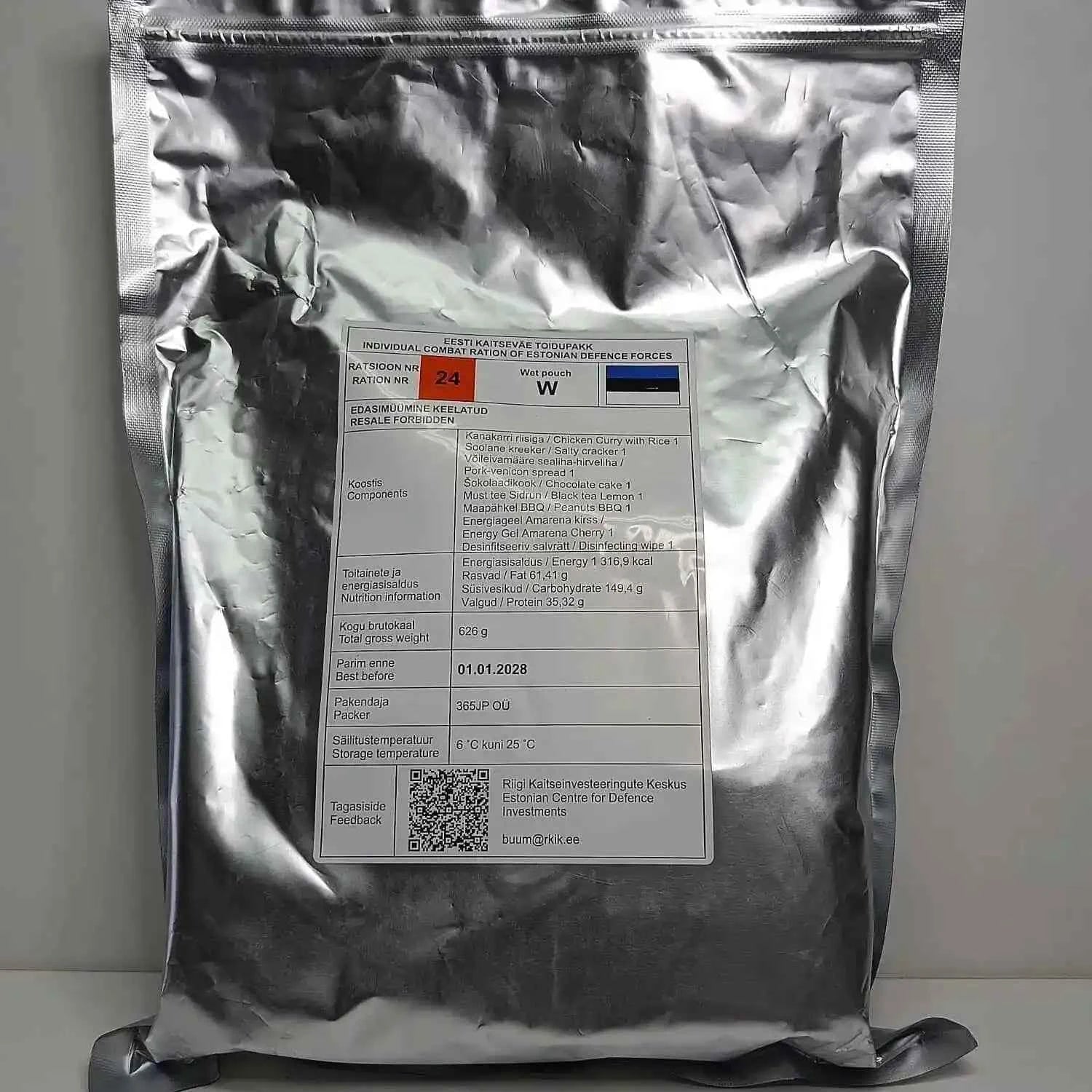 Bolsa de ración de combate individual plateada con etiqueta y opción 24