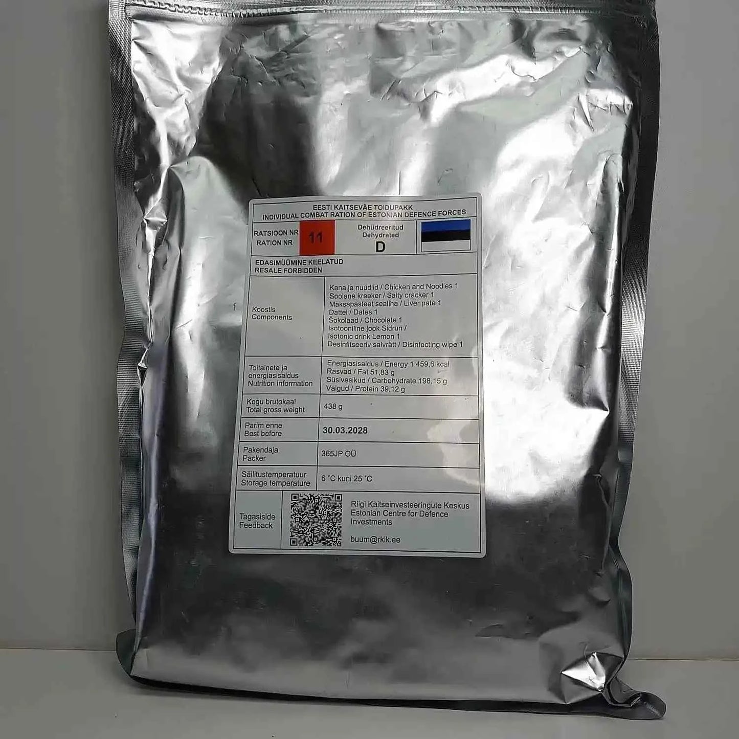 Bolsa de ración de combate individual plateada con etiqueta y opción D (menú 10)