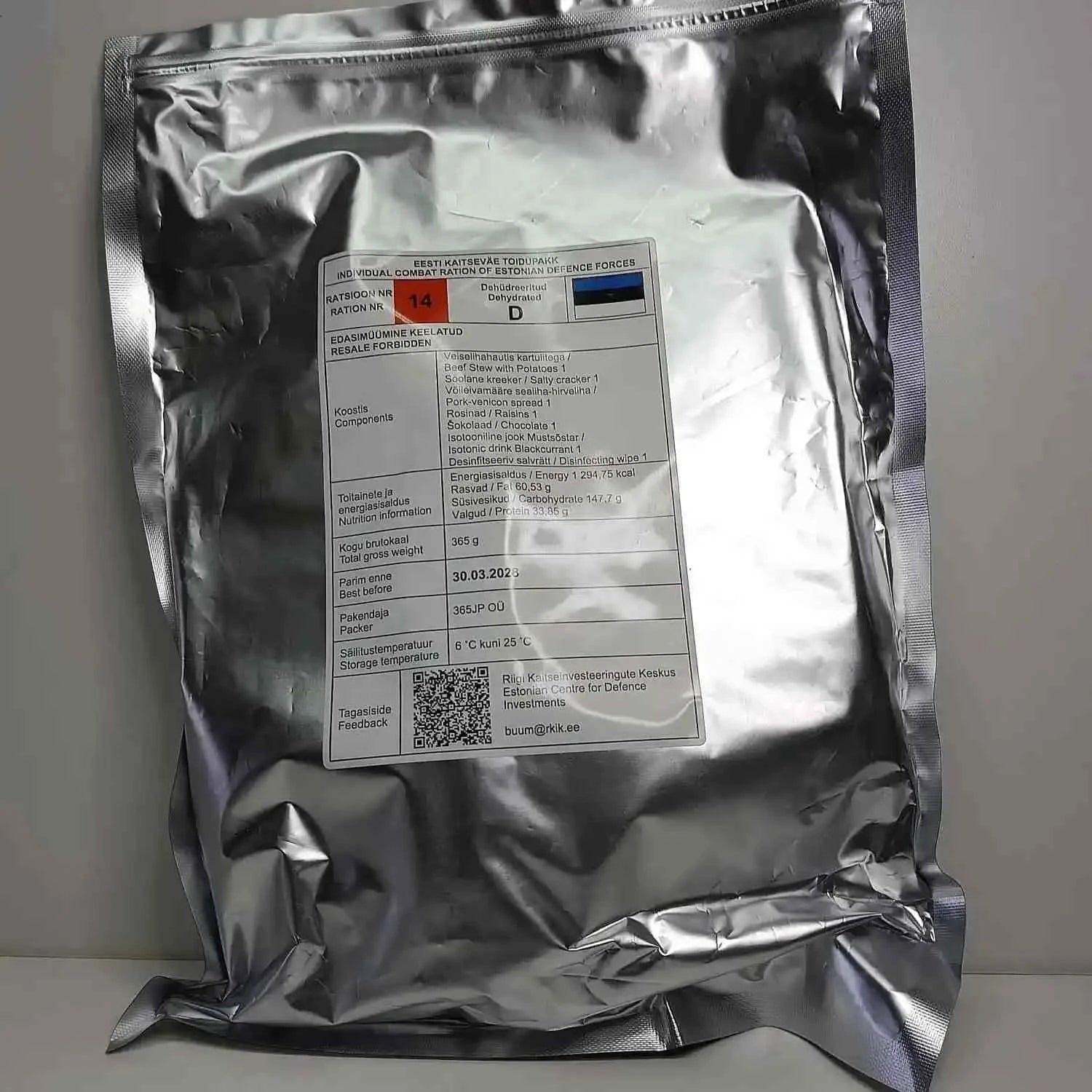 Bolsa de ración de combate individual plateada con etiqueta y opción 14