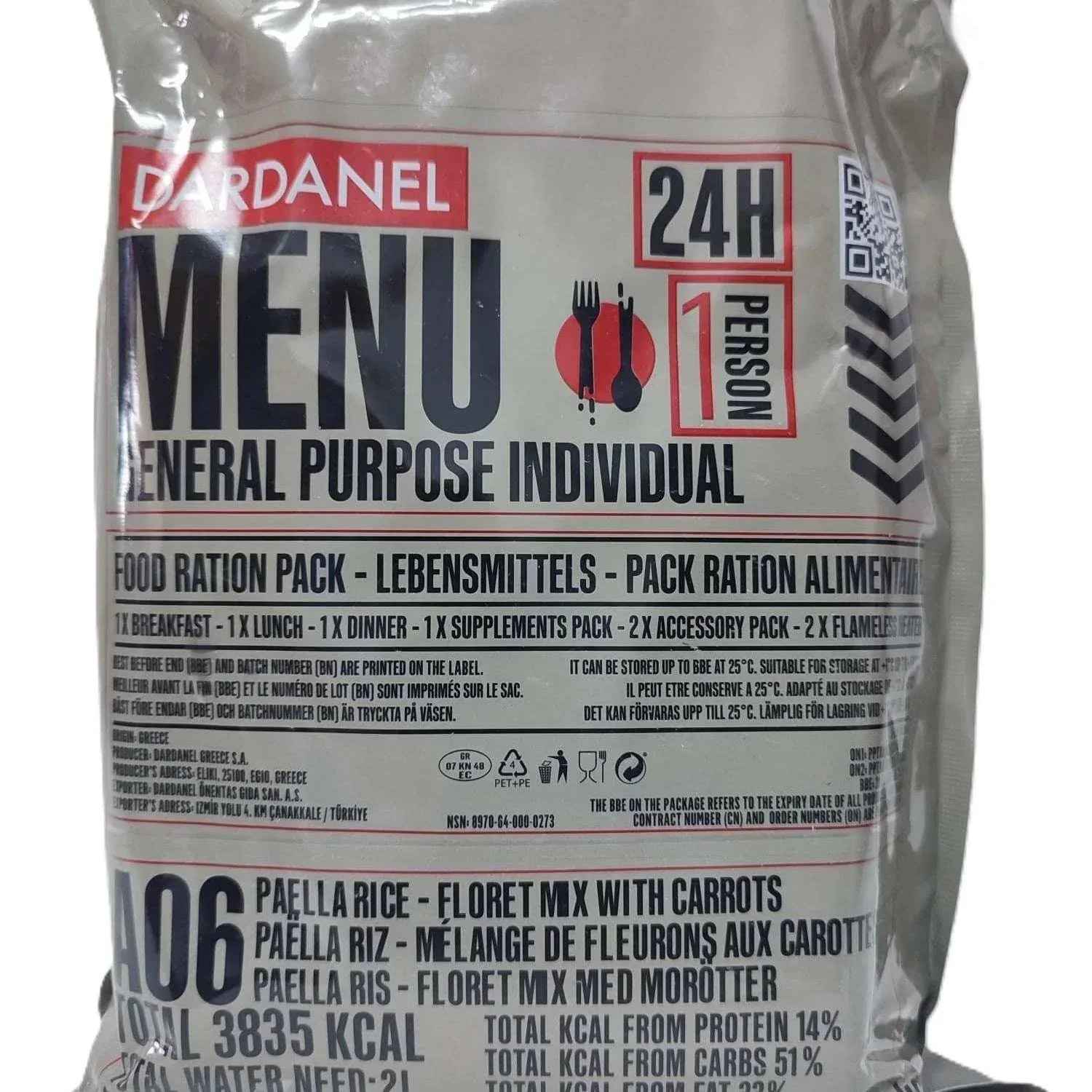 Bolsa de ración militar plateada con logotipo y etiqueta 24H visible