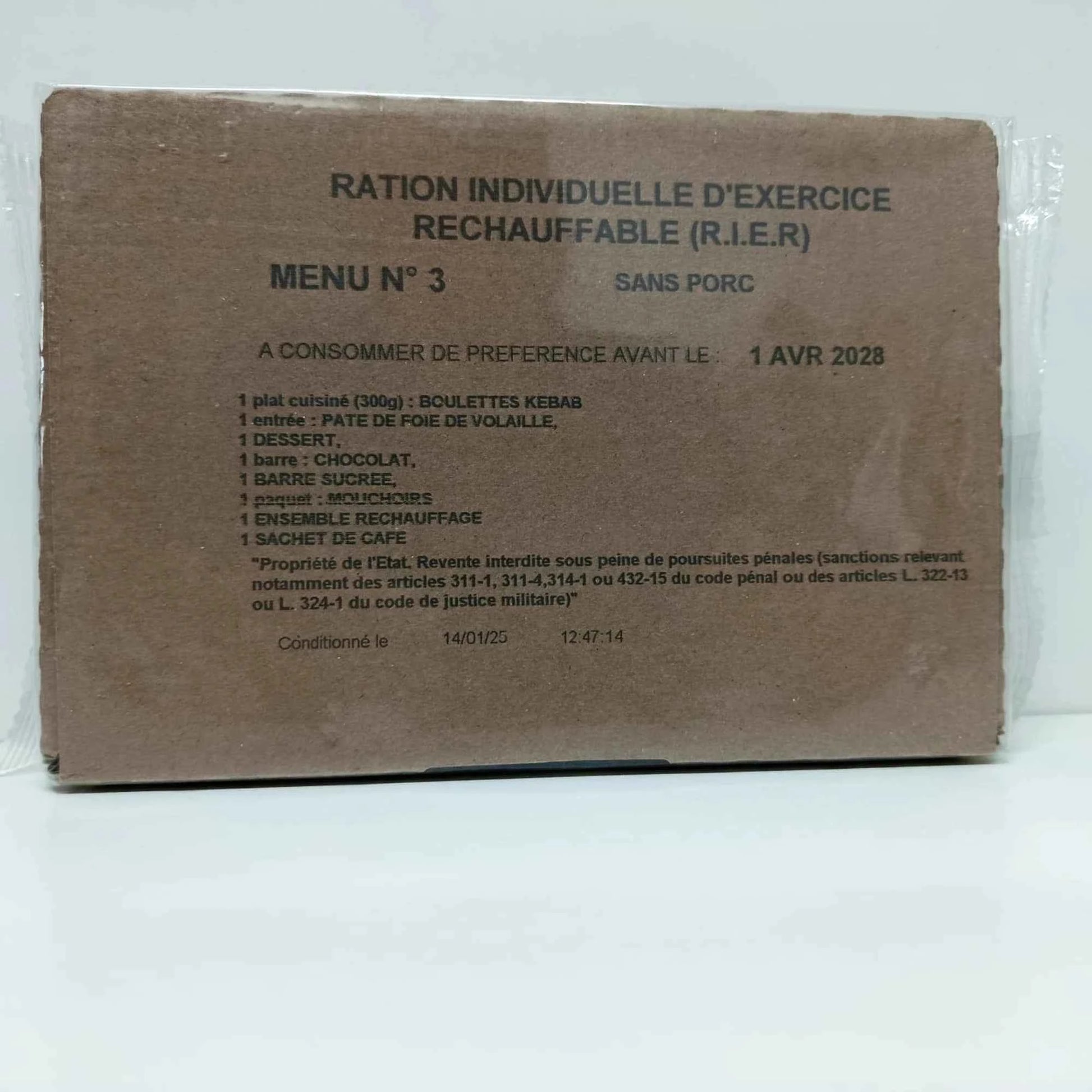 Ración individual con empaque marrón y etiqueta blanca Menú 3