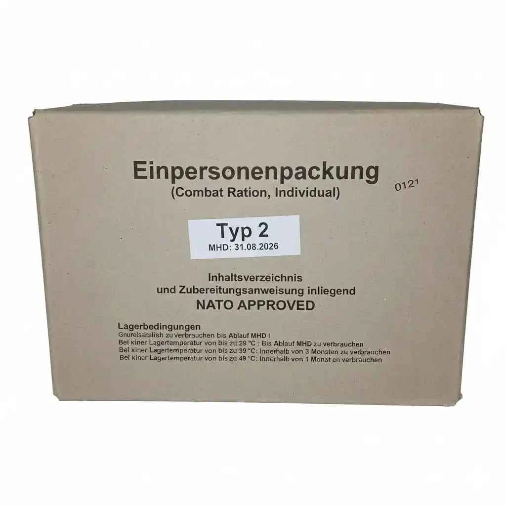 Caja de ración individual Tipo 2, empaque beige con texto impreso