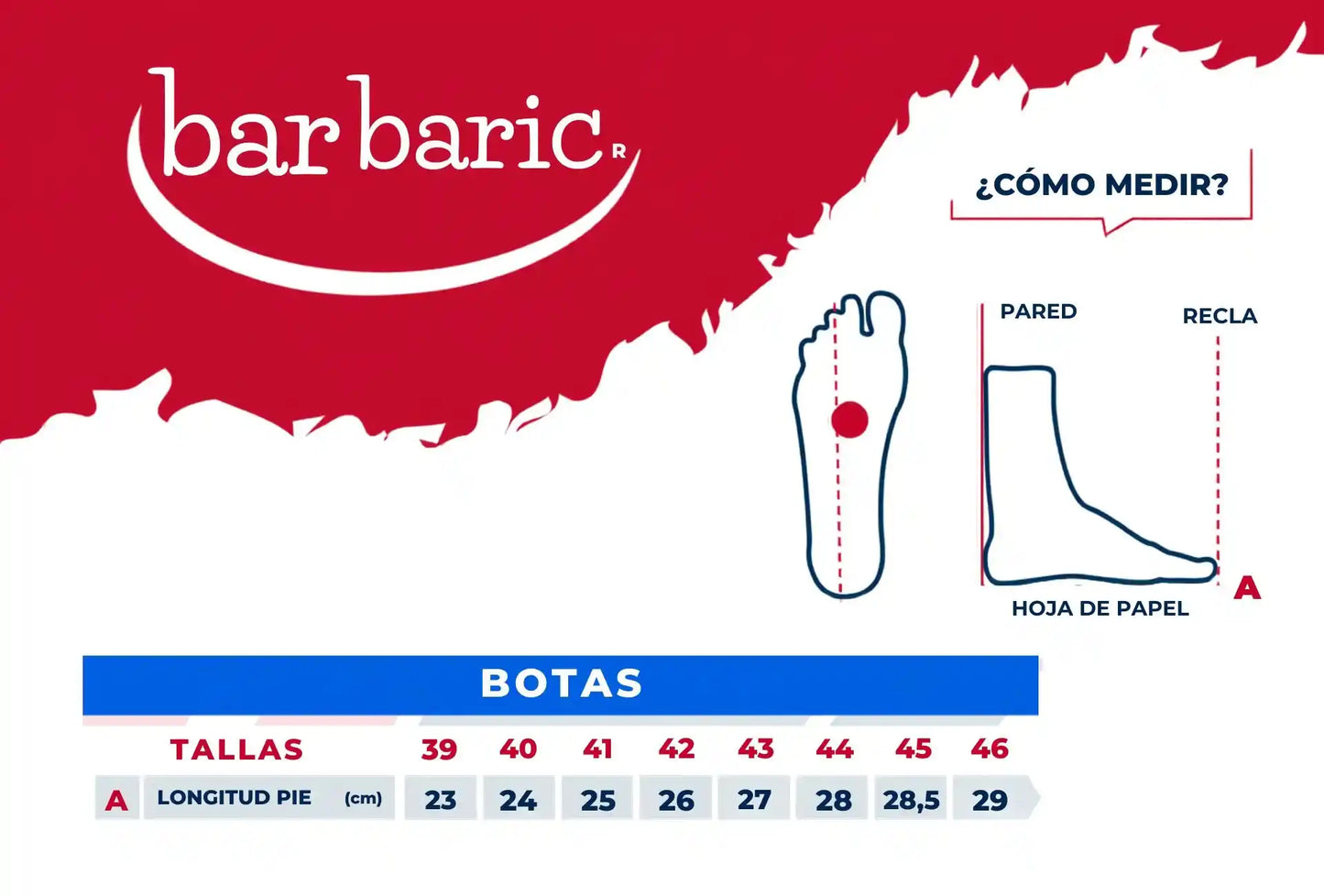 Guía de tallas y medidas en centímetros para botas tácticas de la marca Barbaric
