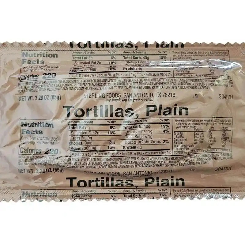 Bolsa de Tortillas MRE sin sabor, vista trasera con tabla nutricional impresa